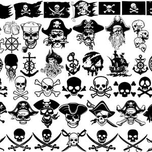 May include: A collection of black and white pirate-themed illustrations. The image includes skull and crossbones, pirate flags, pirate hats, skulls with eye patches, swords, and a ship. The designs are suitable for various applications.