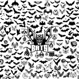 May include: A collection of black bat silhouettes in various poses and sizes. Some bats are hanging upside down, while others are in flight. The word "BATS" is displayed in a stylized font with a bat illustration.