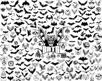 May include: A collection of black bat silhouettes in various poses and sizes. Some bats are hanging upside down, while others are in flight. The word "BATS" is displayed in a stylized font with a bat illustration.