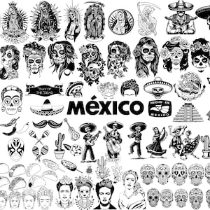 May include: A selection of black and white illustrations depicting Day of the Dead themes. Includes skulls, portraits of Frida Kahlo, religious figures, sombreros, and the word "México".