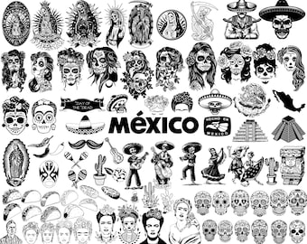 SVG File 86 Mexico Pack Dia de Los Muertos Frida Kahlo Santa Muerte Sugar Skull cactus chili Mariachi Cricut silhouette png bundle art hd