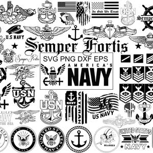 May include: A collection of black and white US Navy themed graphics, including anchors, eagles, flags, and the text "Semper Fortis" and "America's Navy". Ideal for crafting projects.