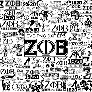 May include: A collection of black and white Zeta Phi Beta sorority designs. Includes the letters ZΦB, the year 1920, and various graphics like hearts, silhouettes, and the words "Sisterhood" and "Zeta Phi Beta."