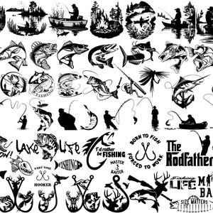 May include: A collection of black and white fishing-themed illustrations. The image includes various fish, fishing rods, hooks, and silhouettes of people fishing. Text elements include "Fish On!", "Lake Life", and "The Rodfather".