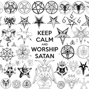 May include: A collection of black and white occult symbols and illustrations, including pentagrams, goat heads, and other esoteric designs. The phrase "KEEP CALM AND WORSHIP SATAN" is prominently displayed in the center of the image.