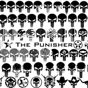 May include: A collection of black and white skull designs, including variations with American flag patterns, military insignias, and the text "THE PUNISHER". The skulls have different textures and styles.