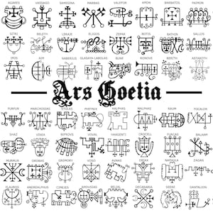 May include: A black and white illustration featuring numerous sigils and symbols, including the text "Ars Goetia." The image displays a variety of intricate designs, each unique in shape and form, suggesting a collection of occult or esoteric symbols.