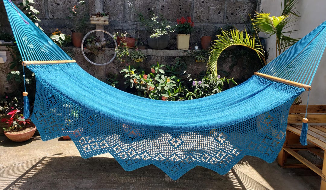 コットン製マクラメハンモック 美しいブルーのマクラメハンモック - 100%天然コットン | Columpiame