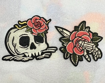 Skeleton Skull Roses Iron On Embroidered Fabric Patch Iron On Patch Crafts Diy