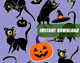 Halloween Black Cat Stickers | Spooky Cat & Pumpkin Sticker Sheet | Printable Halloween Stickers A4 | PNG Transparent PDF | Instant Download