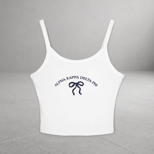 alpha Kappa Delta Phi Spaghetti Strap Tank Top, Aesthetic Sorority Tee with Bow Graphic, Womens Greek Life Crop Top