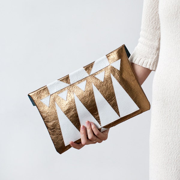 Early Xmas SALE Brass Metallic Envelope Bag Geometrical Leather Suede white No. Eba-101