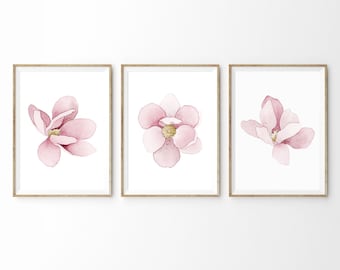 Pink Magnolia Flower Print set of 3, PrintableArt INSTANT DOWNLOAD Printable Wall Decor Nursery Room Print