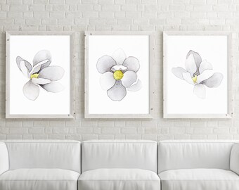 White Magnolia Flower Print set of 3, PrintableArt INSTANT DOWNLOAD Printable Wall Decor Nursery Room Print