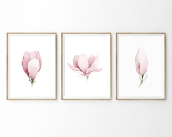 Pink Magnolia Flower Print set of 3, PrintableArt INSTANT DOWNLOAD Printable Wall Decor Nursery Room Print