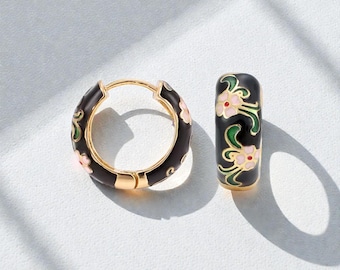 Enamel Flower Huggie Hoops, Colorful Floral Hoops, Dainty Everyday Jewelry, Gift for Her