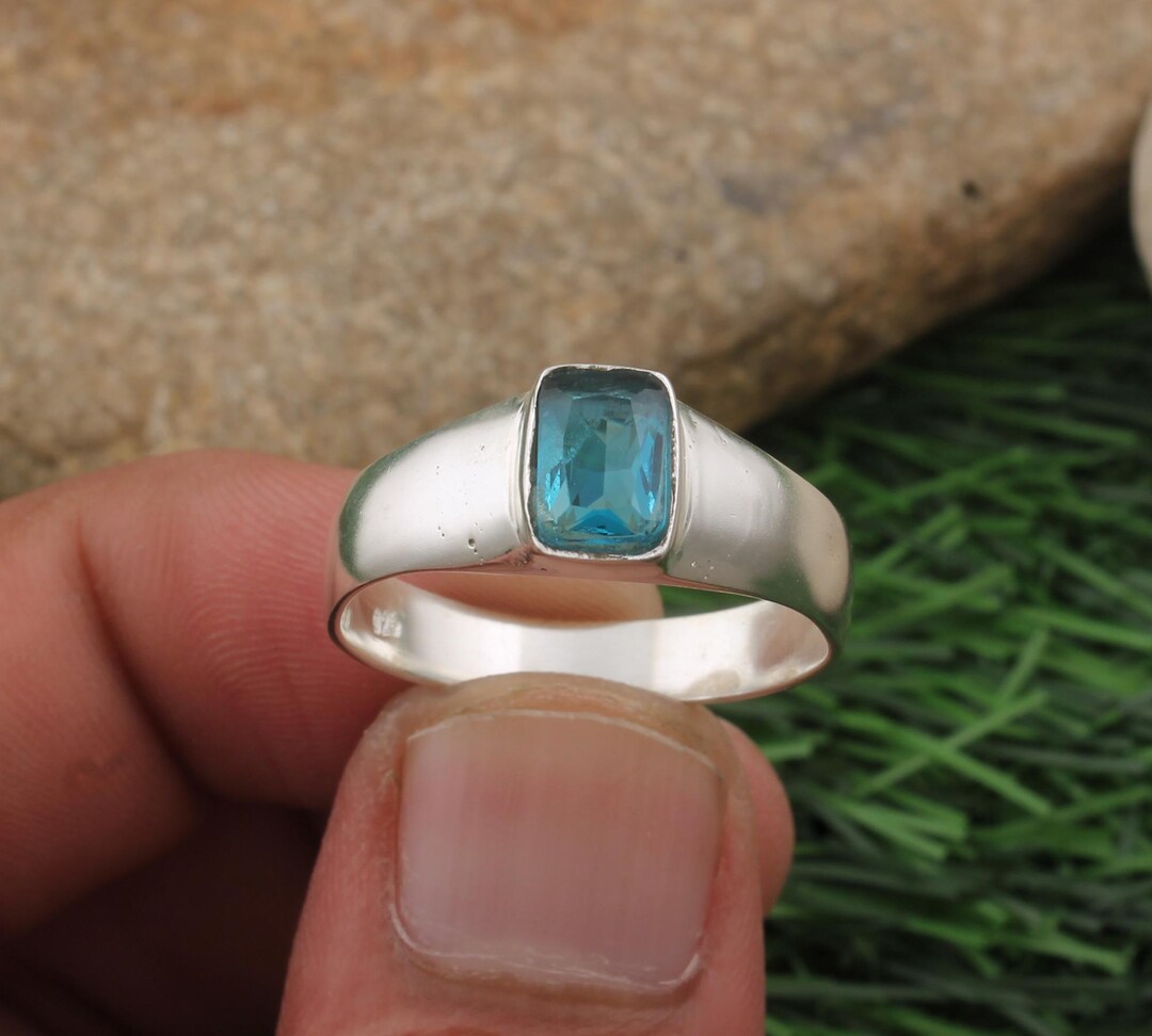 Emerald Cut Swiss Blue Topaz Ring: Sterling Silver Gemstone - Etsy