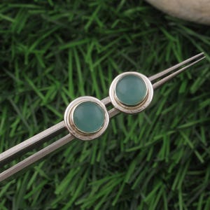 Aqua Chalcedony Stud Earrings: 925 Sterling Silver Cabochon Jewelry