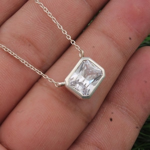 Emerald Cut CZ Solitaire Pendant Necklace: Sterling Silver, Dainty Jewelry