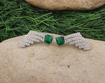Art Deco Smaragdquarz CZ Ohrringe, 925 Sterling Silber Anhänger