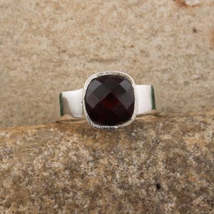 Cushion Cut Red Garnet Ring: Sterling Silver January Birthstone