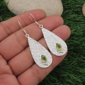 Sterling Silver Teardrop Earrings with Peridot Gemstone – Floral Textured Drop Earrings – Handmade August Birthstone Jewelry – Gift for Her