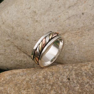 Twisted Wire Spinner Ring - Fidget Ring for Women - Rope Design Band Ring  - Three Tone Spinner Jewelry - 925 Sterling Silver Spinner Ring