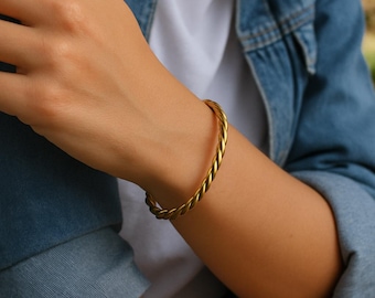 22K Gold Plated Twist Cuff Bracelet: Chunky Waterproof Bangle