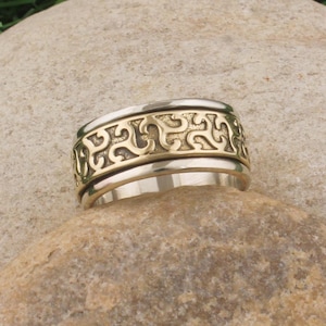 Engraved Brass Spinner Ring: Tribal Design, Boho Meditation Jewelry