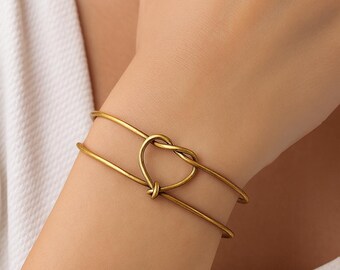 Handmade Brass Heart Bangle: Adjustable Double Wire Boho Cuff