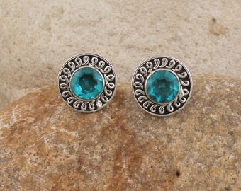Blue Topaz Quartz Sterling Silver Stud Earrings: Handmade Vintage Style
