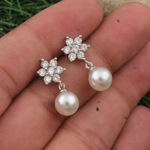 Pearl Drop Earrings: Crystal Flower Studs, Silver Bridal Jewelry