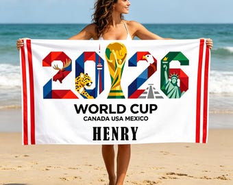 Serviette de plage personnalisée Coupe du monde 2026, serviette de piscine de football avec nom personnalisé, cadeau serviette d'été pour fan de football USA Mexique Canada