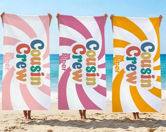 Serviette de plage personnalisée Cousin Crew, serviette de plage assortie à la famille avec nom, serviette de piscine à séchage rapide, cadeau d'impression de nom personnalisé pour les membres de la famille