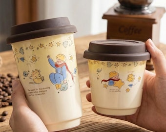 Handgemaakte keramische kleine prins-reismok met sterren, herbruikbare koffiebeker (siliconen deksel)