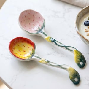 Handmade Ceramic Strawberry Spoon, Pink Purple Dessert Coffee Stirrer, Kawaii Fruit Kitchenware