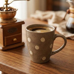 Puede incluir: Una taza de cerámica marrón con lunares blancos, llena de café, está sobre una mesa de madera. Un molinillo de café de madera vintage con manivela de latón y una cafetera de cristal también están sobre la mesa, sugiriendo un tema de café.