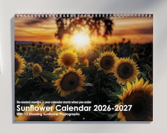 Sunflower Calendar 2026 2027: Featuring Stunning Sunflower Photography and All US Holidays Marked  | Flower Calendar 2026 | Sunflower Gifts