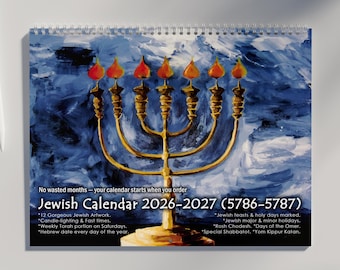 Jewish Calendar 2026 2027: With 12 Jewish Artwork, all Jewish Holidays, Dates, Candle Lighting Times, & Weekly Torah Portions | Jewish Gifts