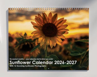 Sunflower Calendar 2026 2027: Featuring Stunning Sunflower Photography and All US Holidays Marked  | Flower Calendar 2026 | Sunflower Gifts