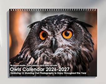 Owl Calendar 2026 2027 | Wildlife Calendar Featuring Stunning Owls Photography & US Holidays Marked | Owl Gifts | Owl Wall Calendar