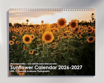 Sunflower Calendar 2026 2027: Featuring Stunning Sunflower Photography and All US Holidays Marked  | Flower Calendar 2026 | Sunflower Gifts