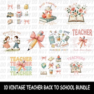 Vintage Teacher Back to School PNG Bundle, Pastel Watercolor Sublimation, Pencil & Bow Clipart, Floral Teaching Design