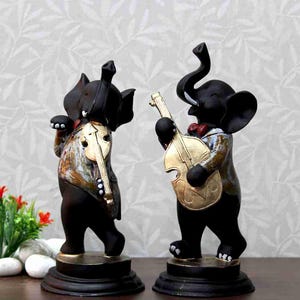 Handcrafted Set of 2 Dancing Ganesha with Musical Instruments - 28 cm Decorative Polyresin Showpieces (Multicolor)