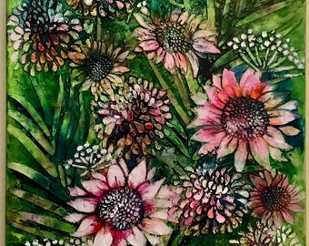 May include: An abstract floral painting featuring a variety of flowers in shades of pink, brown, and white against a vibrant green background. The artwork has a textured appearance, with visible brushstrokes and layered paint, creating a three-dimensional effect. The flowers are the focal point.