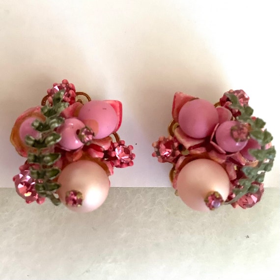 Vintage Estate Pink Rhinestone Pearl Earrings