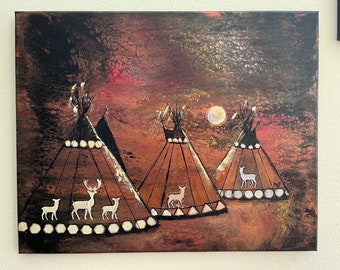 Tepee Original Wall Art Acrylic Abstract Contemporary Landscape Deer Tipi Western Art