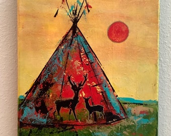 Tepee Wall Art Original Acrylic Abstract Contemporary Landscape Painting Deer Tipi