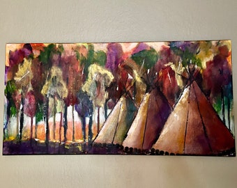 Tepee Original Wall Art Landscape Acrylic Contemporary Colorful Sunset Painting