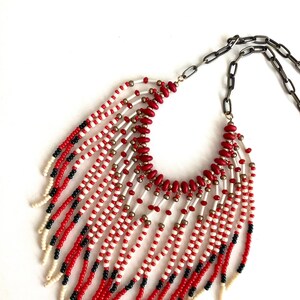 Coral Beaded Necklace Bib Statement Tribal Waterfall Handmade Gemstone Jewelry